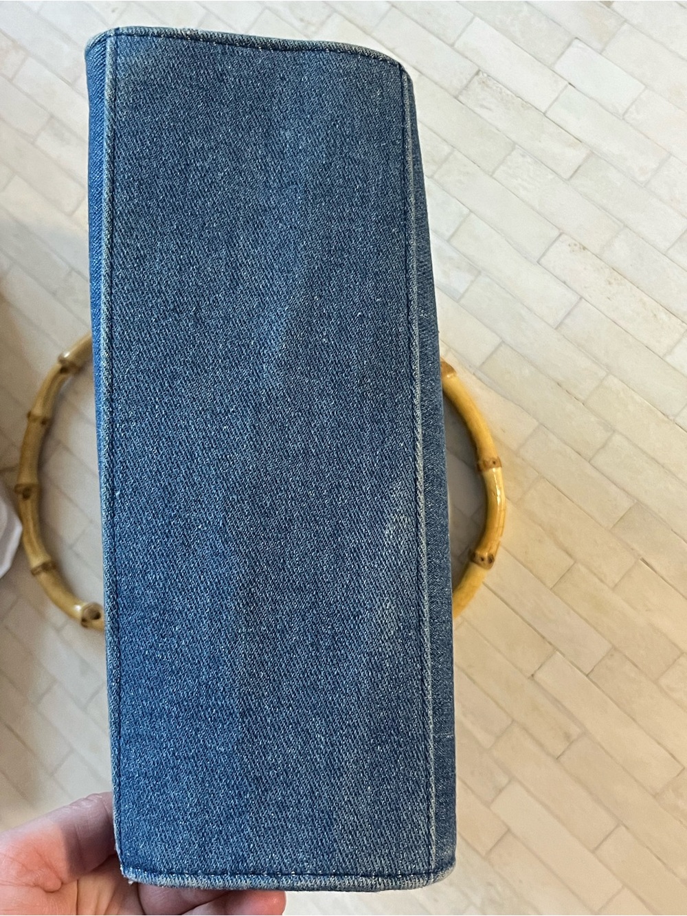 Denim Embroidered Glasses Satchel with Bamboo Handle Colorful - Picture 9 of 13